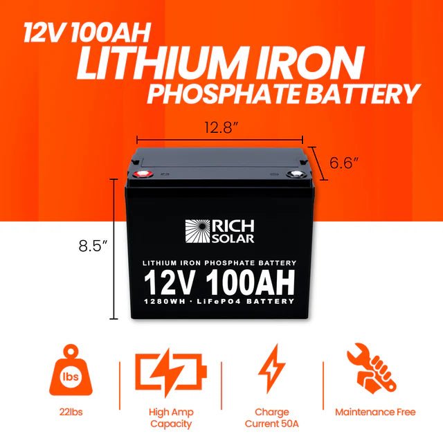 RICH SOLAR 12V 100Ah LiFePO4 Lithium Iron Phosphate Battery - Solar Generators and Power Stations Plus