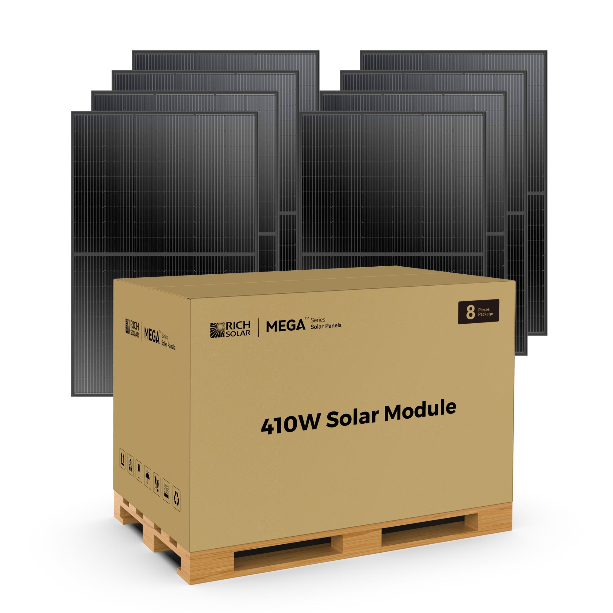 RICH SOLAR MEGA 410 Watt Monocrystalline Solar Panel (8pcs) | High Efficiency | Black Mono-facial Module | Grid-Tie | Off-Grid - Solar Generators and Power Stations Plus